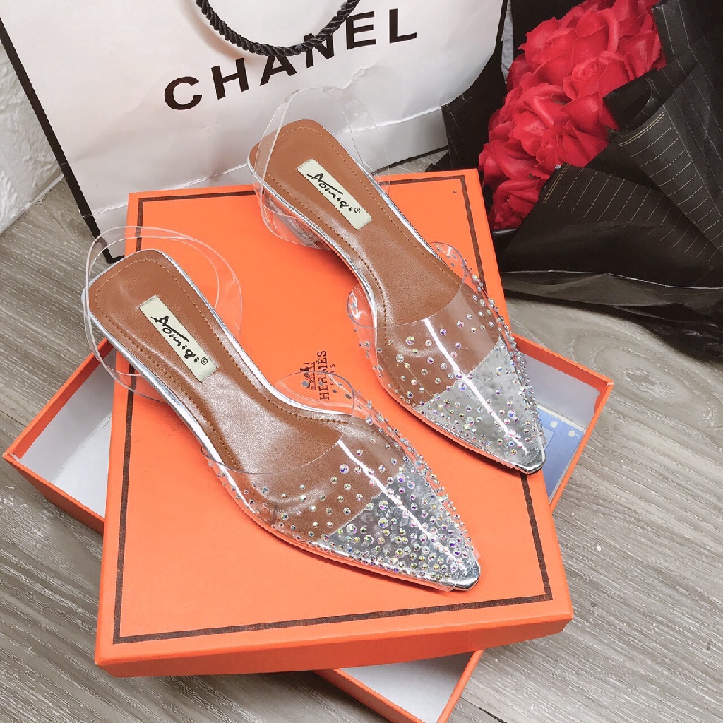 Sandal Cao Gót Quai Trong Đính Hạt Ánh Màu Siêu Xinh (Ami)