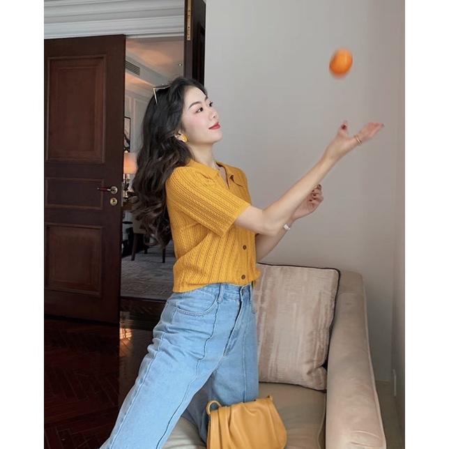Áo len nữ dệt kim ngắn tay cổ polo cổ điển Doris phong cách Hàn Quốc màu vàng, xanh dương | BigBuy360 - bigbuy360.vn