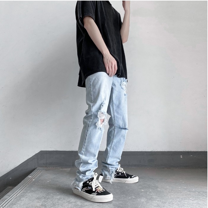 (sale xả kho) Quần jean rách nam rách gối dáng baggy màu xanh trắng 324 Pon.mens
