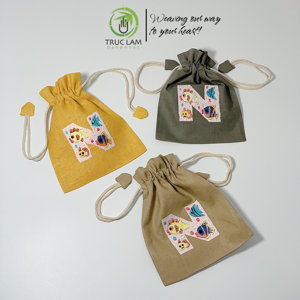 Túi Dây Rút Thêu Tay Họa Tiết Chữ Cái N Phối Hoa Văn Nhiều Màu Sắc - Trúc Lâm Handmade
