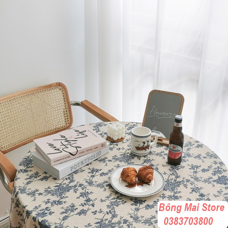 [100*150cm] Khăn trải bàn, thảm picnic  vải canvas trắng xanh họa tiết hoa leo phong cách vintage - T047