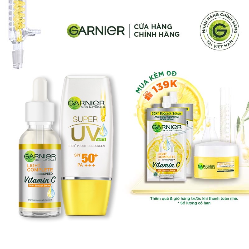 Set 2 bước dưỡng sáng, đều màu da và bảo vệ da ban ngày Garnier Light Complete Vitamin C