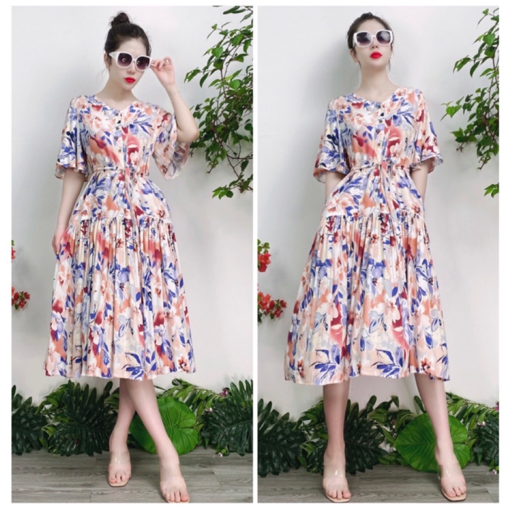 Váy Lanh MICI cao cấp mẫu Midi xòe tay trumpet, váy hoa đi chơi, váy hoa thời trang | BigBuy360 - bigbuy360.vn