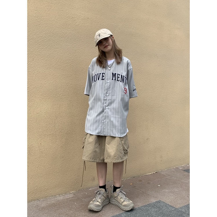 Áo khoác bóng chày ngắn tay form rộng kiểu dáng retro cho nam nữ