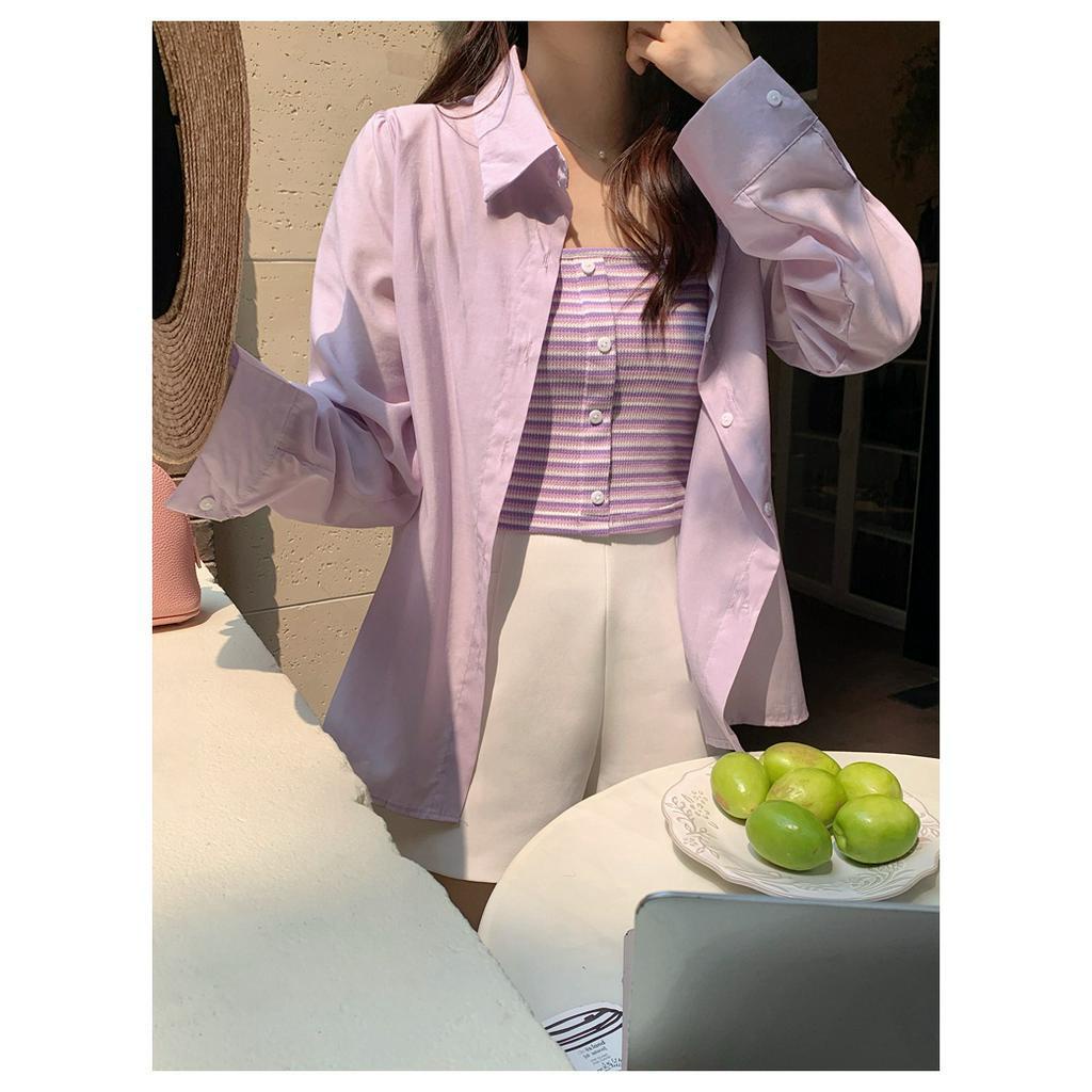 Set Áo Hai Dây Họa Tiết Kẻ Sọc + Áo Sơ Mi Màu Trơn Chống Nắng Thời Trang Xuân Hè Hàng Mới 64058