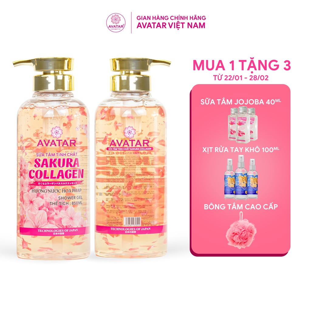 Sữa Tắm Sakura Avatar Tinh Chất Collagen Hương Nước Hoa Pháp Phục Hồi Da , Chống Lão Hóa, Trắng Da 850ml (Hoa Đào))