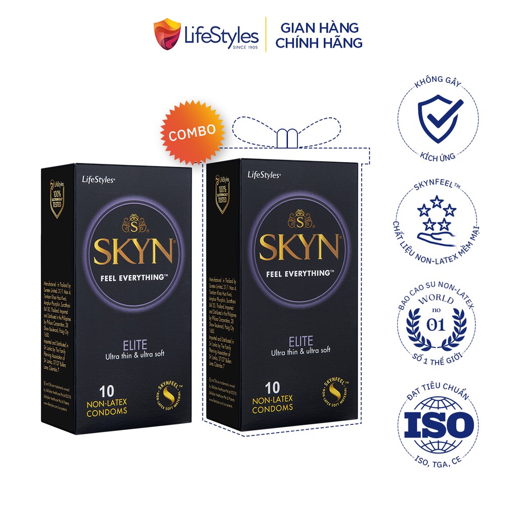 Bộ 2 hộp bao cao su LifeStyles SKYN Elite Non-latex siêu mỏng siêu mềm cao cấp 10 bao