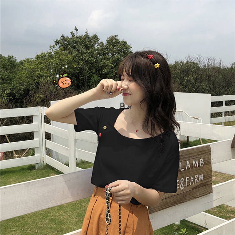 B&amp;G Áo Thun Ngắn Tay Dáng Rộng Cài Nút Phong Cách Hàn Quốc Thời Trang Cho Nữ Áo phông Nữ JL-TX-127