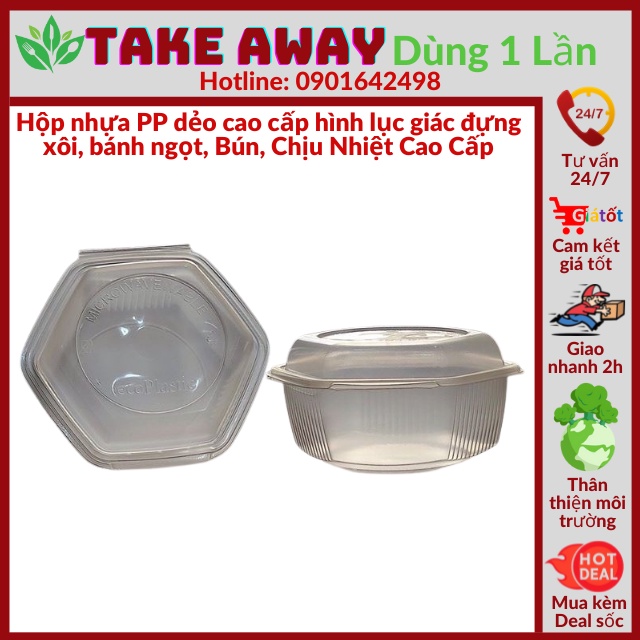 100 Hộp đựng xôi bánh ngọt chè nhựa PP dẻo cao cấp hình lục giác - Take Away Dùng 1 Lần