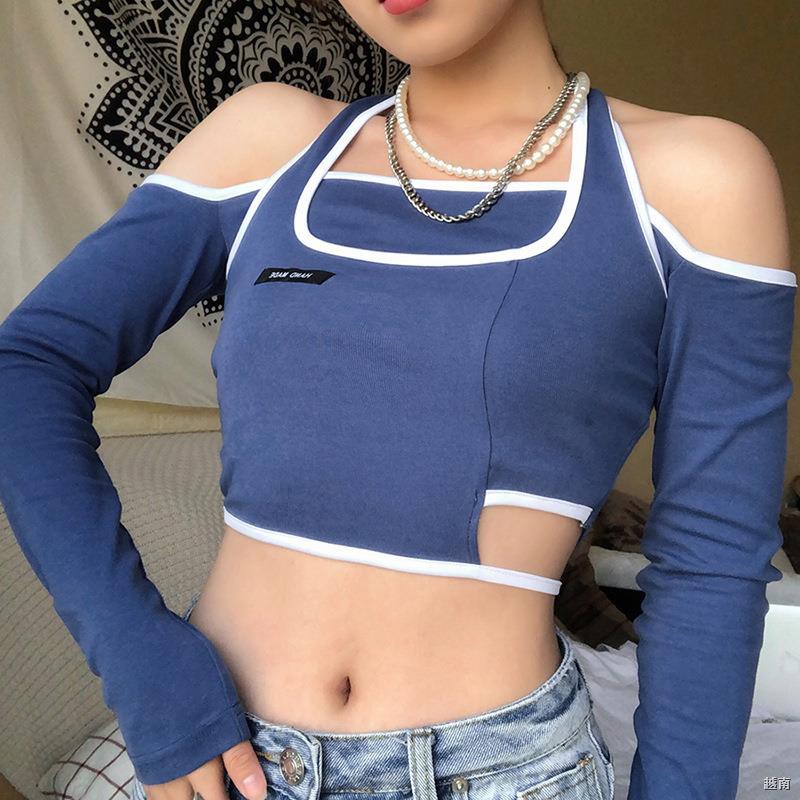 ▩Áo thun croptop thiết kế dài tay phong cách Hàn Quốc cá tính cho nữ