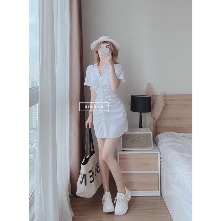 Đầm umi bẻ cổ ôm eo có mút, đầm nữ ôm eo có mút tôn dáng