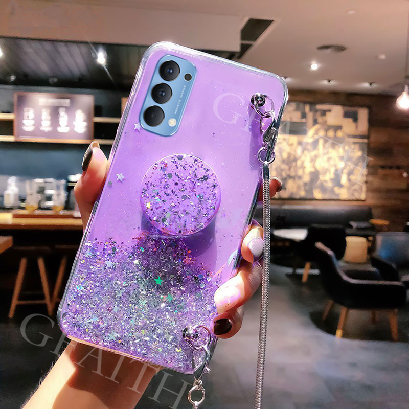 Ốp Điện Thoại Từ Tpu Dẻo Họa Tiết Ngôi Sao Lấp Lánh Kèm Giá Đỡ &amp; Dây Đeo Cho Oppo Reno 4 Pro 4g Version Oppo Reno4