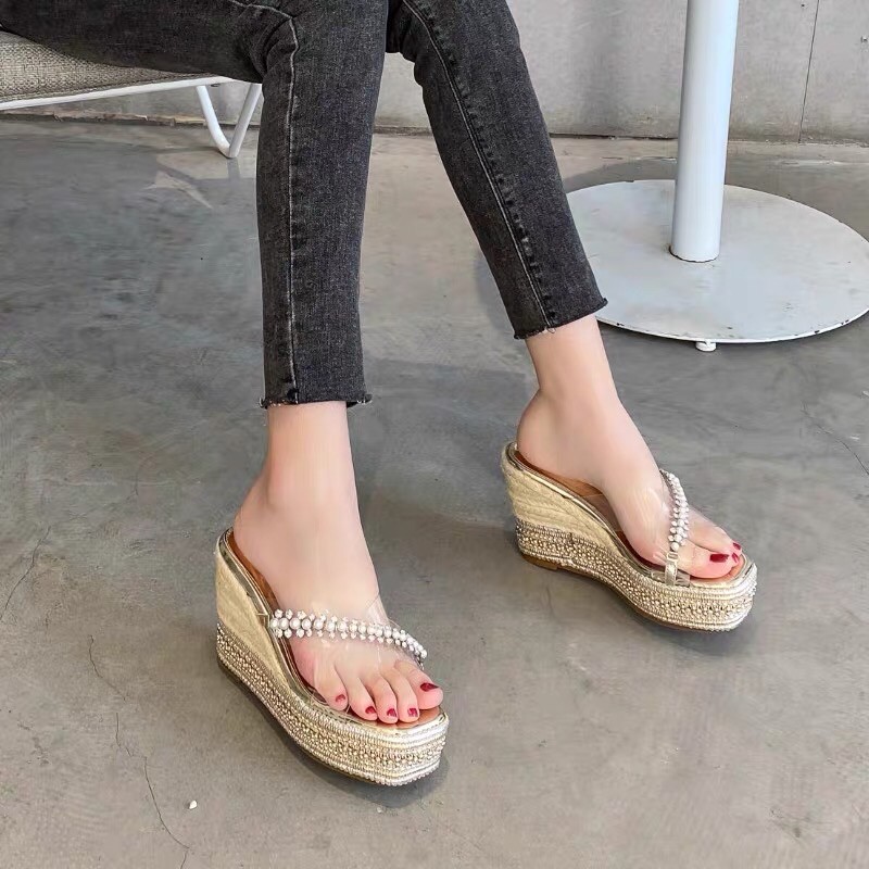 Dép và sandals đế xuồng quai cói viền đá 11 cm, hàng cao cấp