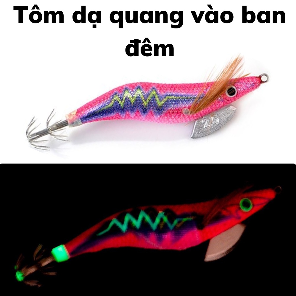 Tôm giả câu mực dạ quang size 2.5 loại fish king nặng 12gam dài 10cm, mồi câu mực lá ống bạch tuộc biển ban đêm hiệu quả