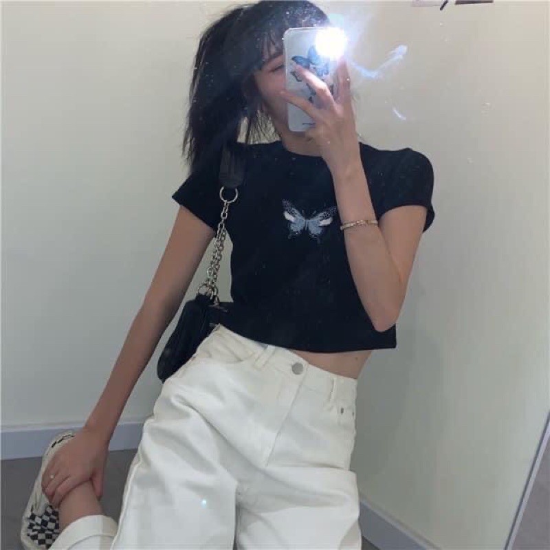 Áo croptop cộc tay dưới 55kg - Thêu bướm