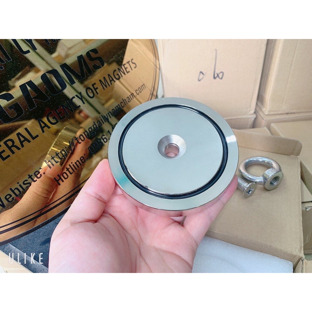 Nam châm cứu hộ D90mm lực hút 300kg, nam châm có móc treo được bọc inox siêu bền, siêu mạnh để trục vớt đồ, nâng cầu đồ