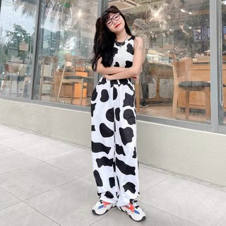 Sét Bộ Áo Thun 3 Lỗ Kết Hợp Quần Dài Con Bò Sữa 2 Màu Đen Cam Hot Trend Mới Sản Xuất TTSLA0499