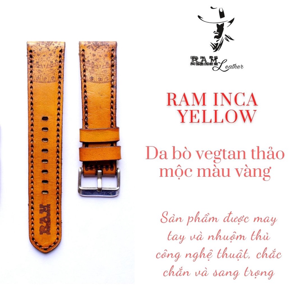 Dây đồng hồ RAM Leather vintage hoạ tiết Inca da bò màu vàng