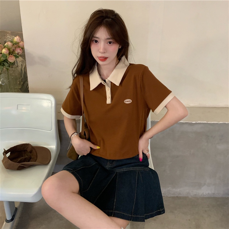 COZOK Áo polo Ngắn Tay Ôm Dáng Xinh Xắn Theo Phong Cách retro