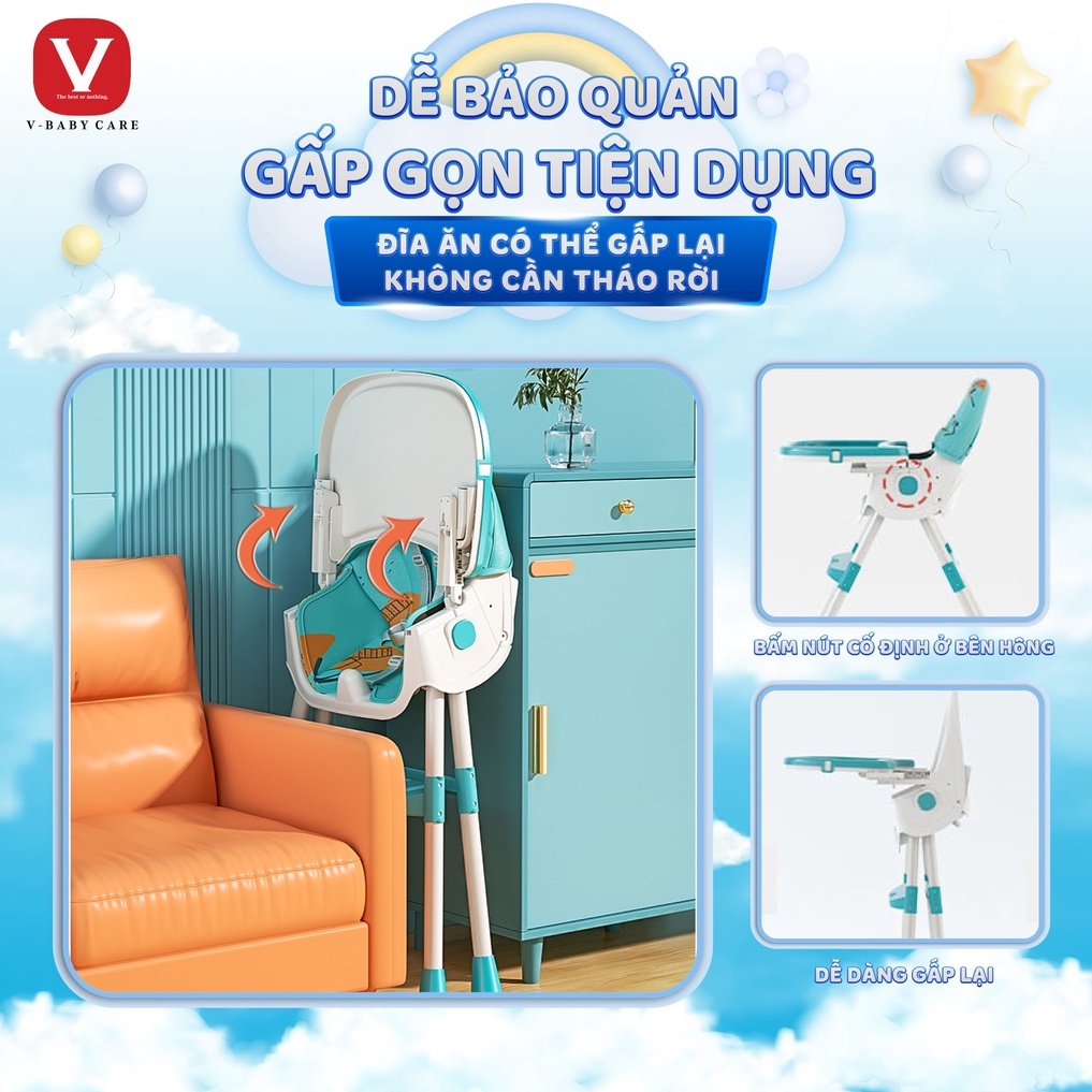 Ghế Ăn Dặm Cao Cấp V-Baby 909 Có Bánh Xe Gập Gọn Nằm Được Và V-Baby G01