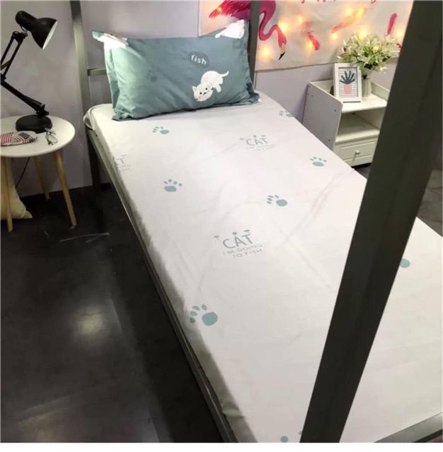 Chăn ga gối cotton poly - Mẫu mèo xanh
