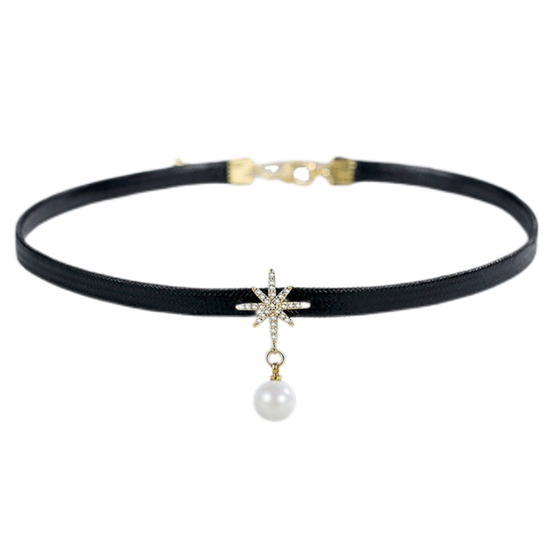 Vòng Cổ Choker Ngắn Hình Ngôi Sao Tám Cánh Đính Ngọc Trai Màu Đen Thời Thượng 2022