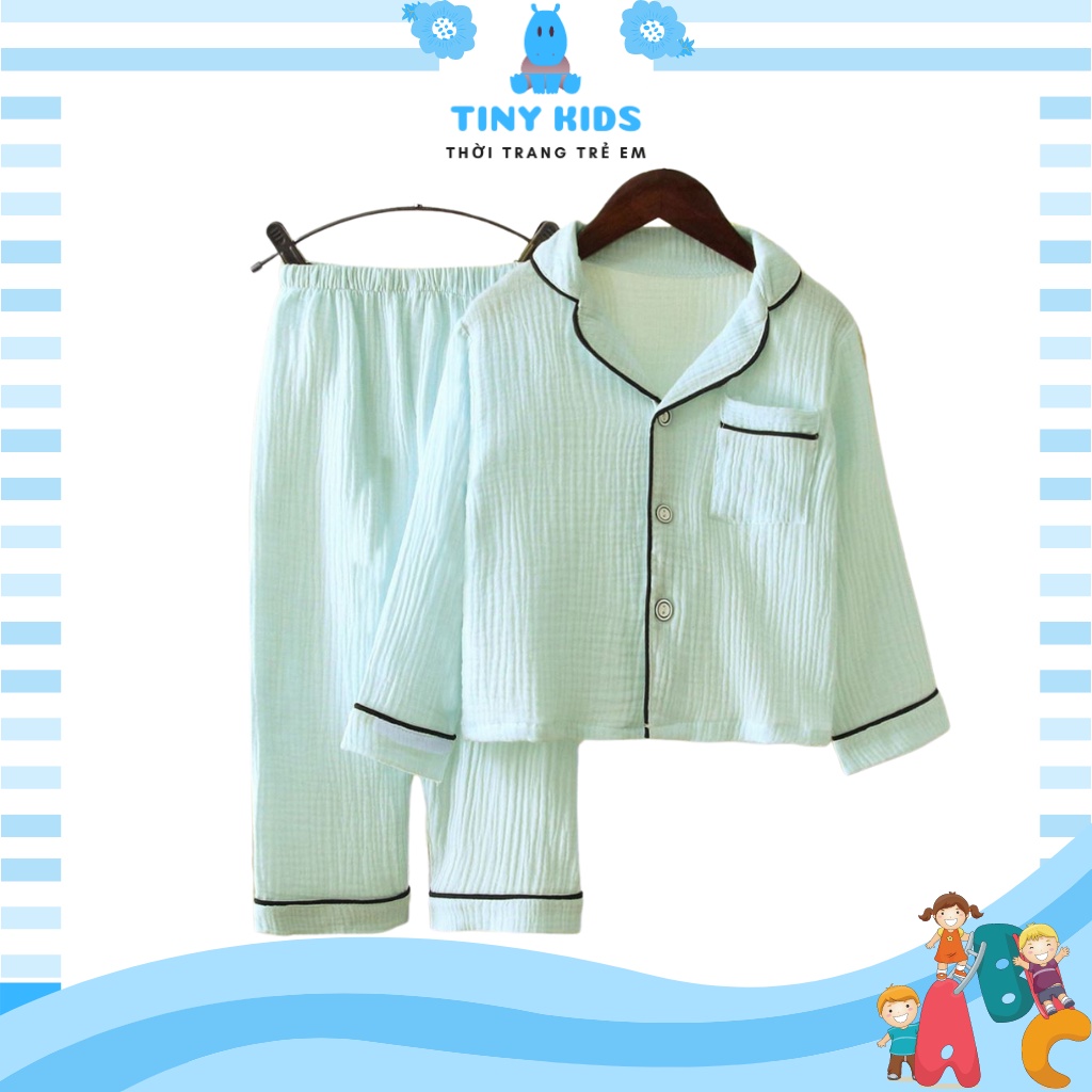 Bộ pijama cho bé chất đũi trơn, bộ đồ ngủ dài tay trẻ em từ 6-28kg Tiny Kids