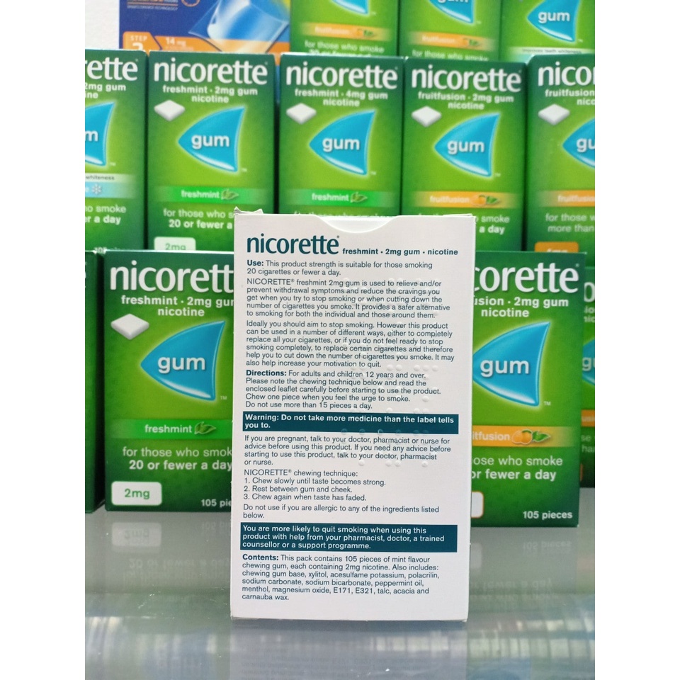 Kẹo cai thuốc lá siêu hiệu quả 2mg Nicorette hàng Mỹ 105 viên