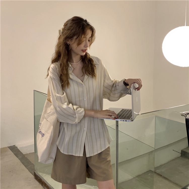 Xiaozhainv  Áo Sơ Mi Tay Dài Dáng Rộng Kẻ Sọc Thời Trang Retro Cho Nữ