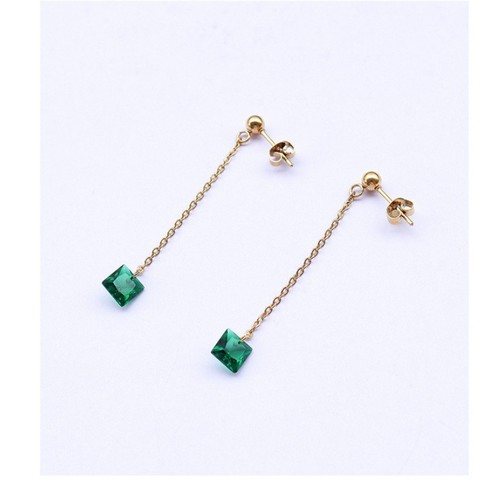 Bông Tai Chuỗi Dài 1 Viên Đá Nhân Tạo Màu Xanh Lá Thép Titan Ko Rỉ TT 3600