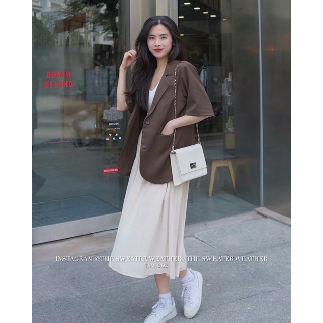 (Ảnh thật) Áo khoác blazer chất tuyết cộc tay 1 lớp có đệm vai