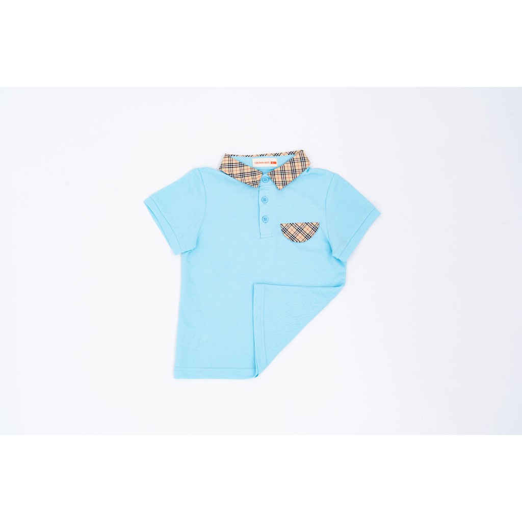 Áo phông bé trai có cổ màu xanh Crown Kids Fashion TShirt CKBS2101009.B vải cotton thoáng mát size 4-9 cho bé 4-10 Tuổi