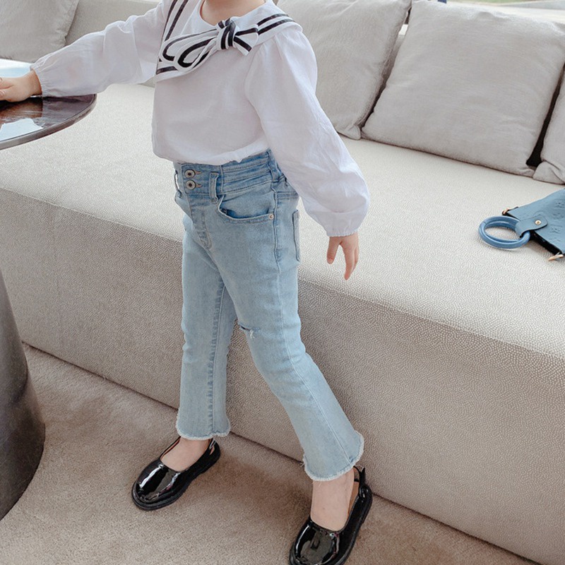 Quần jeans lưng cao ống loe phong cách Hàn Quốc cho bé gái 4-6 tuổi