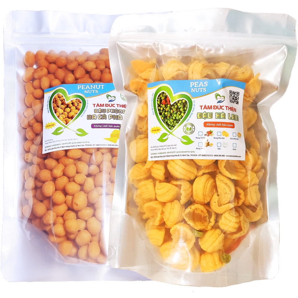 [Mã BMBAU50 giảm 7% đơn 99K] Combo 2 Túi: Đậu Phộng Da Cá Phô Mai 500GR và Bánh Vỏ Sò &amp; Đậu Hà Lan 205GR Tâm Đức Thiện