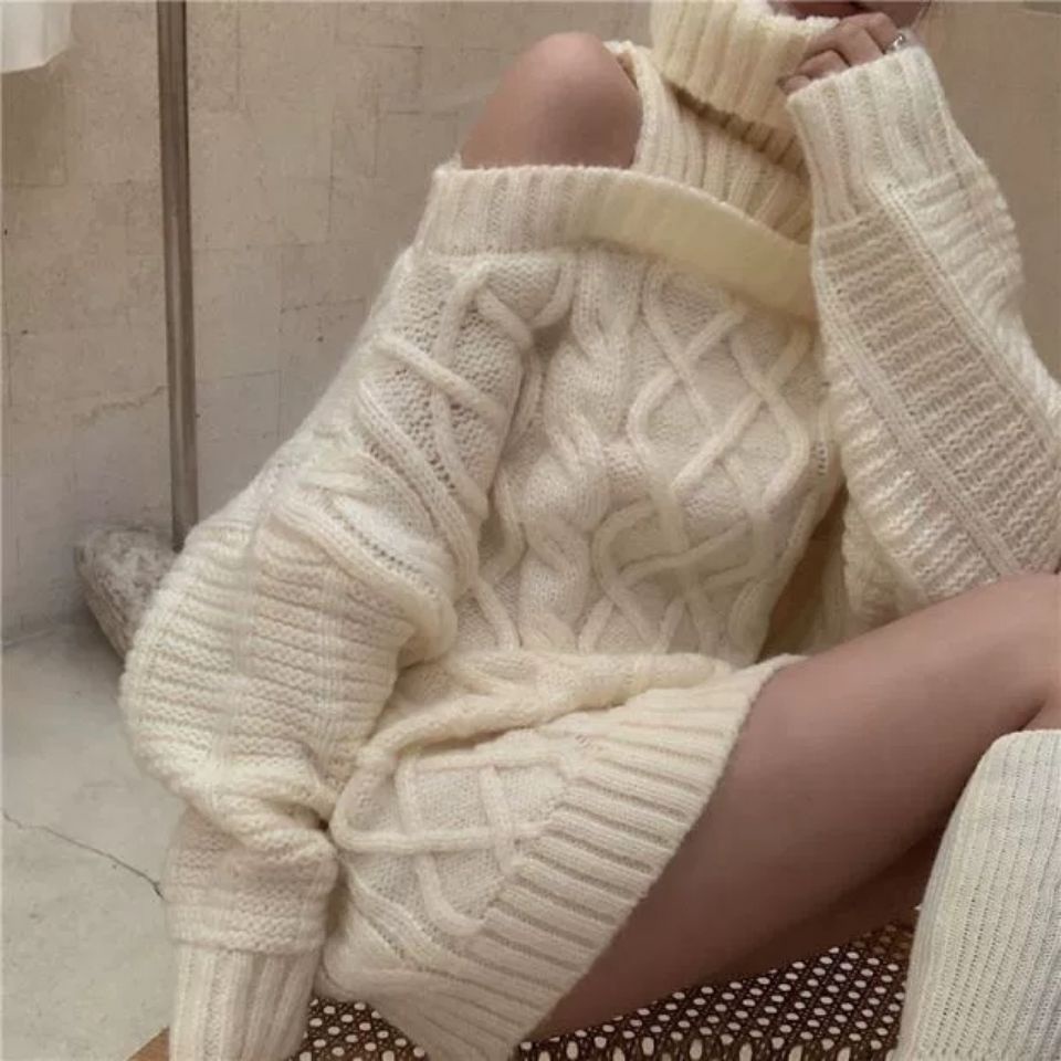 Áo sweater dệt kim cổ cao tay dài dáng rộng thời trang thu đông hàn quốc cho nữ