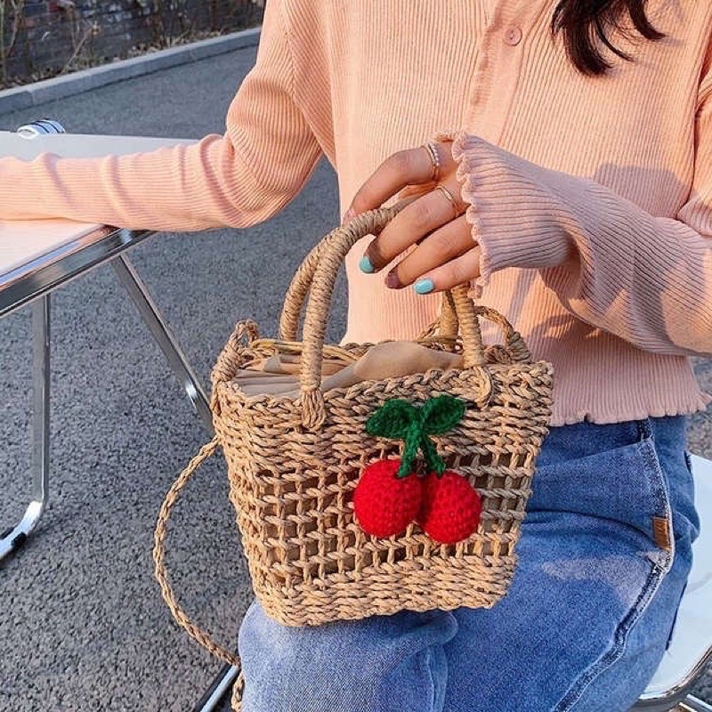 Túi cói đan thưa Cherry, nơ xinh xắn cho bé gái đi chơi Tết cực xinh - TC011