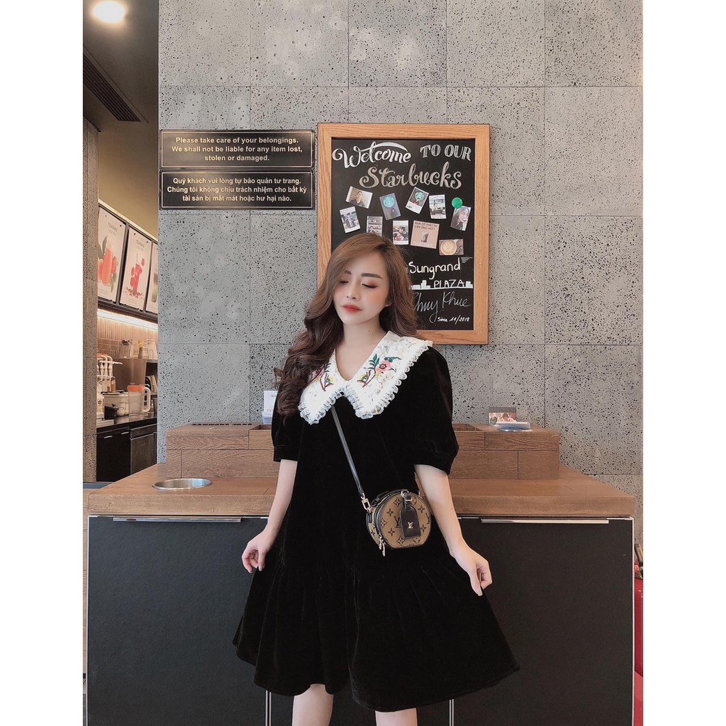 Váy Nhung Cổ Ren Thêu Hoa Y866 | BigBuy360 - bigbuy360.vn