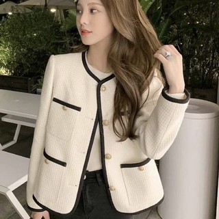 ( Chất đẹp ) Áo khoác dạ tweed trắng viền đen cổ tròn dáng ngắn