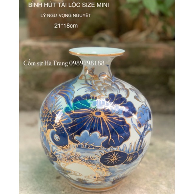 Bình hút tài lộc gốm sứ Bát Tràng vẽ vàng 24k cao cấp size mini cao 21cm