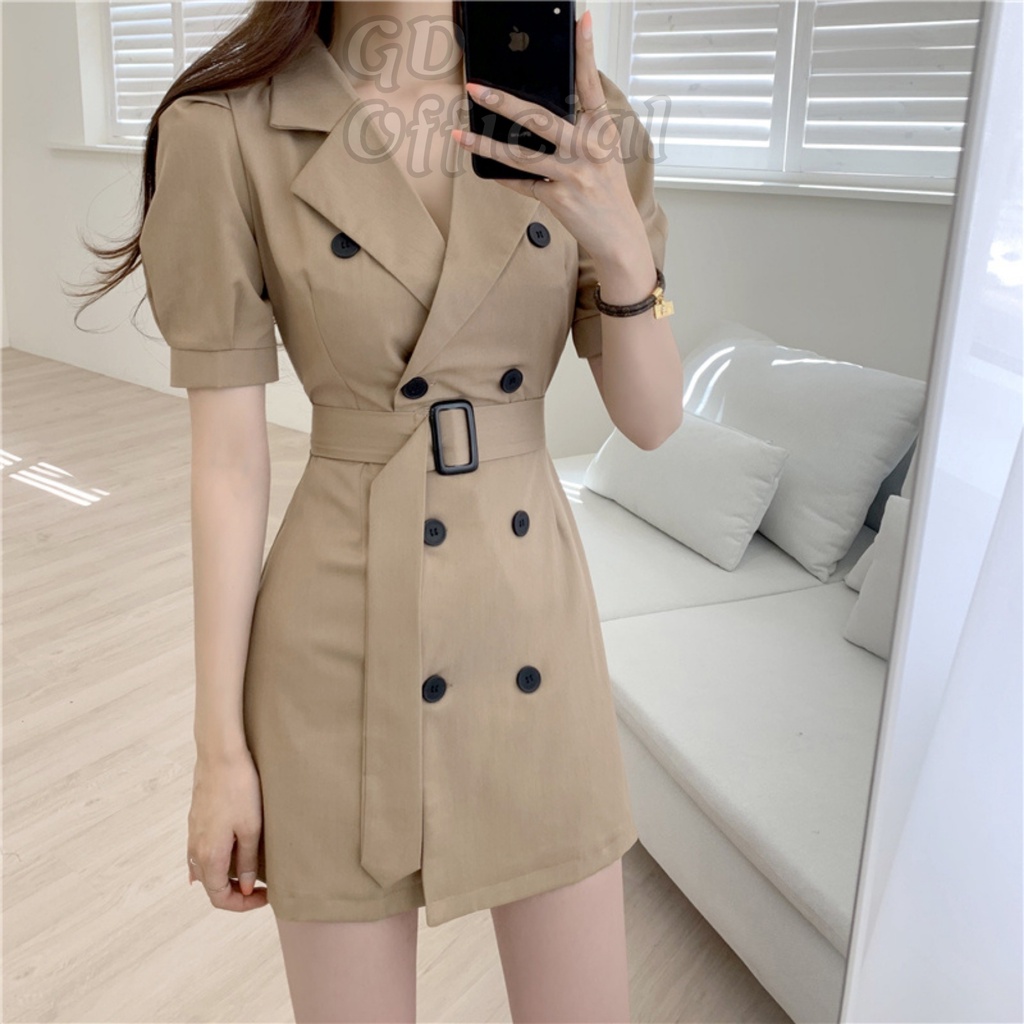 D38|Đầm nữ nhẹ nhàng ngắn tay, phồng cổ vest thanh lịch, hiện đại kèm thắt lưng màu đen, nâu GD Official