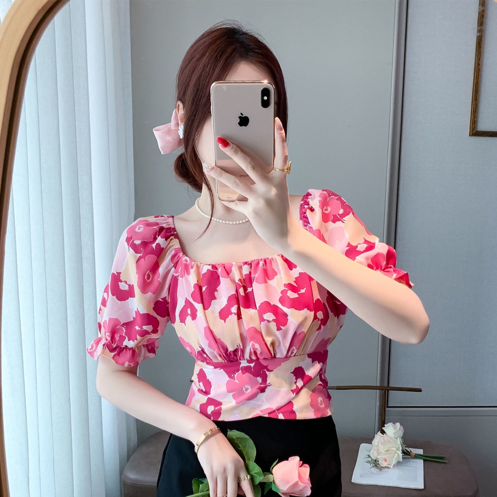Áo sơ mi voan nữ ngắn tay Áo sơ mi hoa mùa hè Phong cách Hàn Quốc Cổ áo vuông rỗng ra dây đeo Áo sơ mi voan ngắn