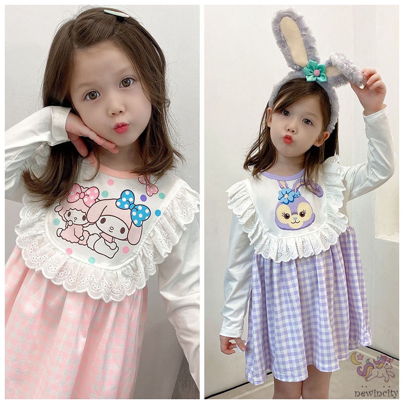 Đầm dài tay phối ren in hoạt hình thời trang Hàn Quốc cho bé gái