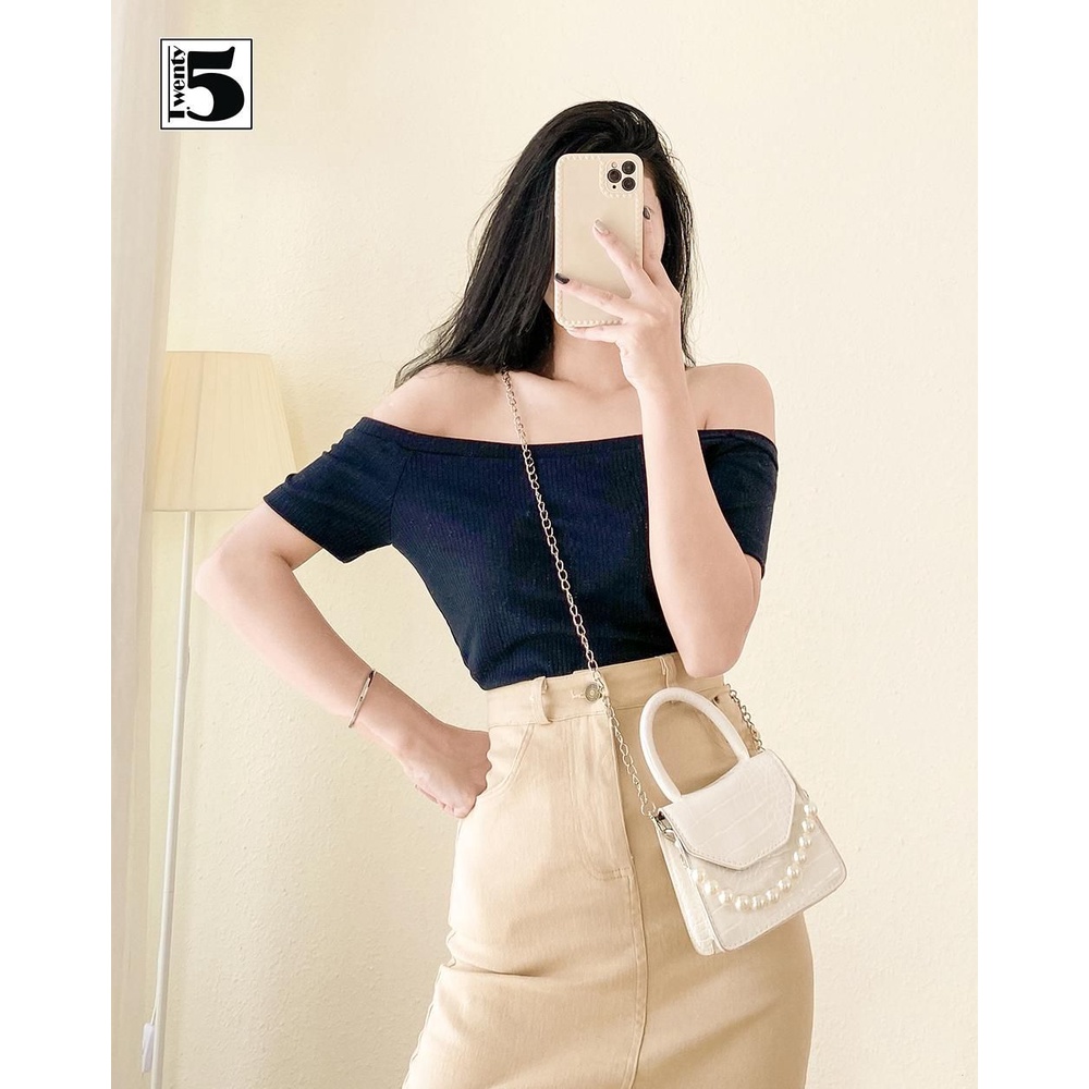 Áo thun trễ vai nữ tay ngắn dáng ôm vải cotton gân co dãn Twentyfive NN414