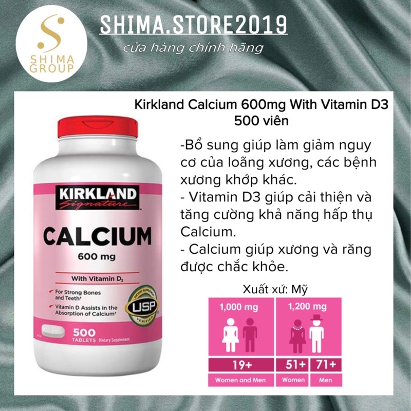 [Bill US] Kirkland Calcium 600mg With Vitamin D3 500 viên