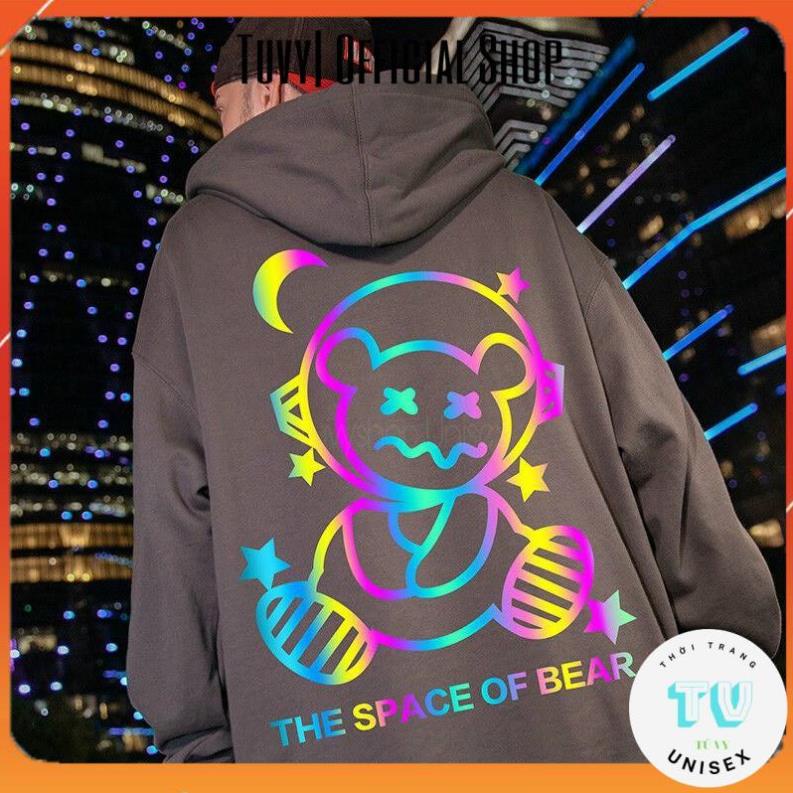 Hoodie nam FREESHIP Áo hoodie nỉ nam nữ form rộng unisex phản quang phát sáng flash in chữ bear màu đen trắng