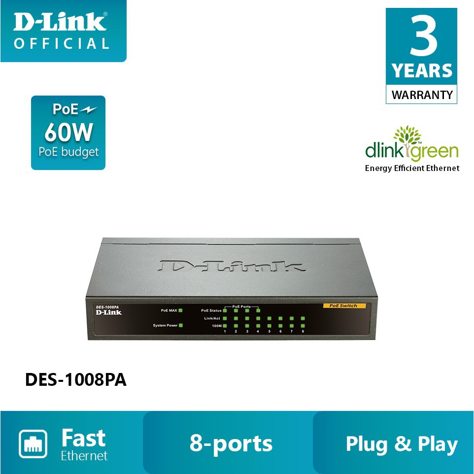 D-LINK DES-1008PA - Bộ chia cổng mạng 8 cổng 10 / 100 Mbps với 4 cổng PoE