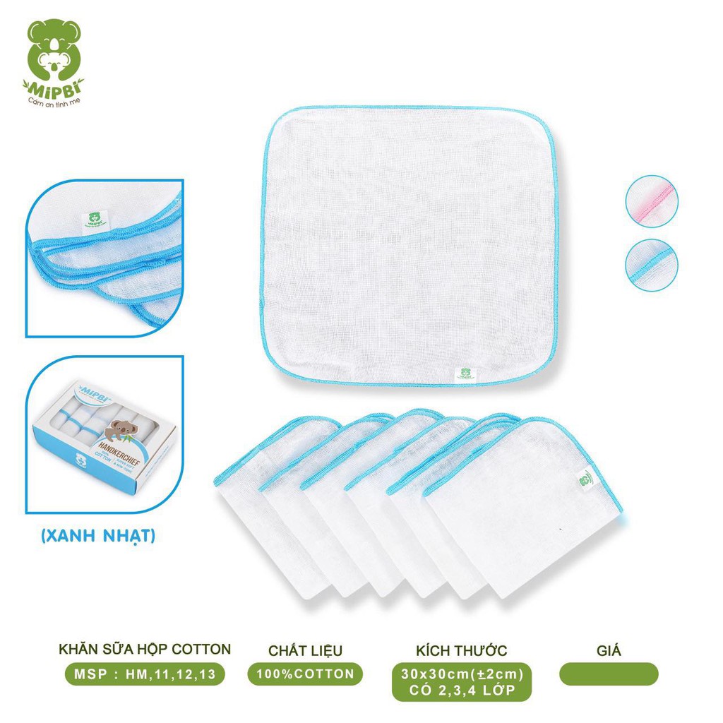 Khăn sữa Mipbi 2 lớp, 3 lớp, 4 lớp 100% cotton tự nhiên (Hộp 6 chiếc)