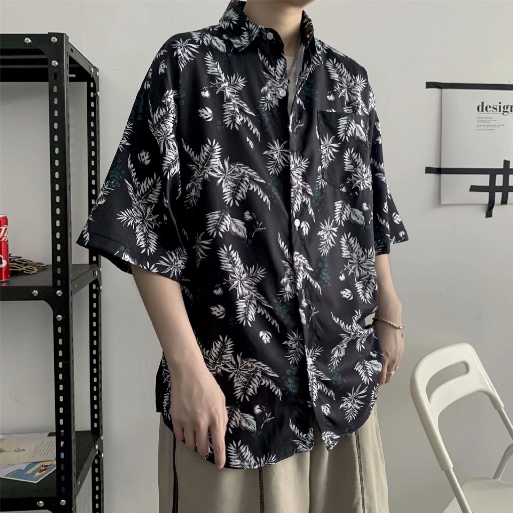 Hawaiian Style Tree Leaf Print Men's Short Sleeve Shirt