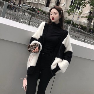 Áo len nữ thu đông mới thiết kệ đơn giản sọc ngang đen trắng dài tay áo len dầy