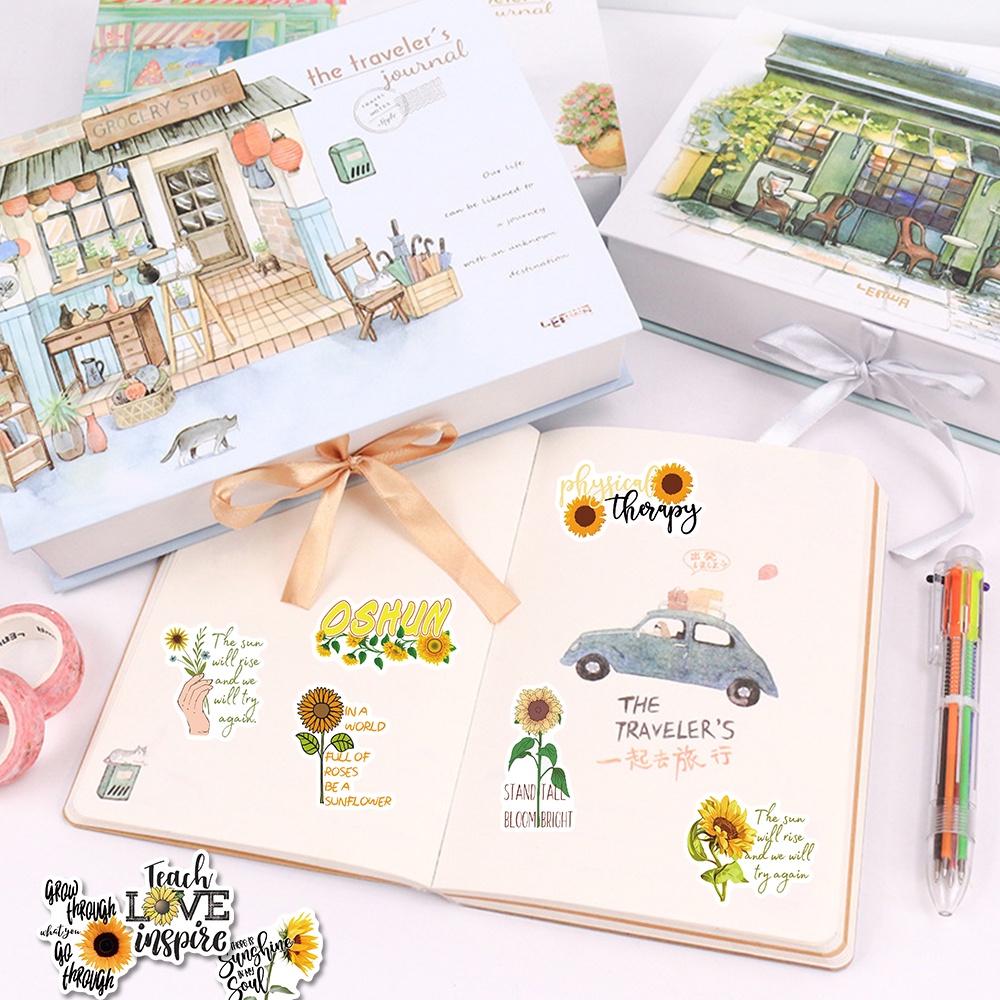 Bộ 50 Miếng Dán Trang Trí Laptop Chống Thấm Nước Hình Hoa Hướng Dương Hoạt Hình